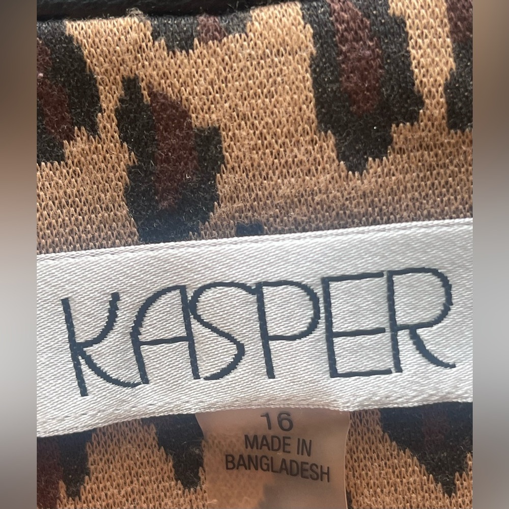 Kasper Animal-Print Faux-Leather-Trim Open-Front Jacquard Jacket Sz 16 - Picture 3 of 5